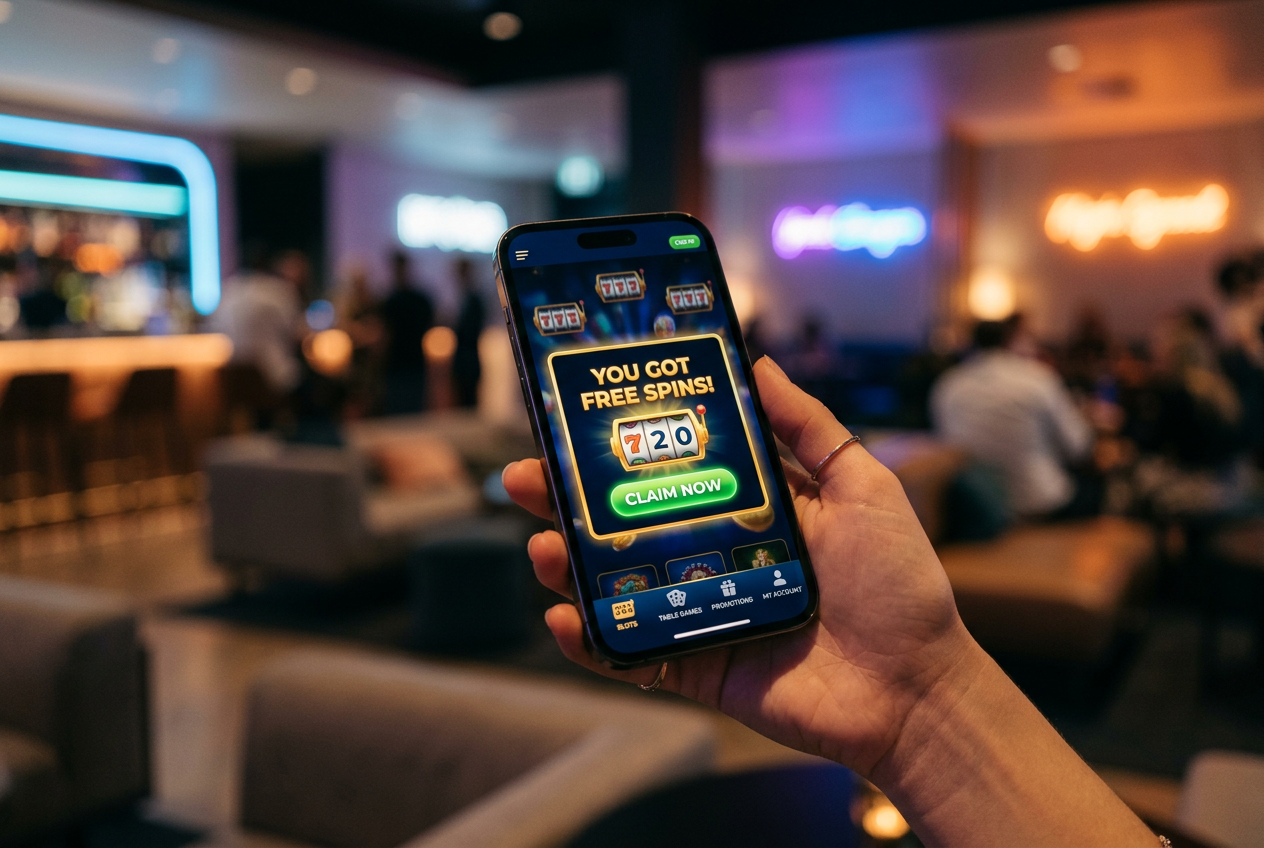 A smartphone displaying a vibrant online casino interface with a free spins bonus offer.