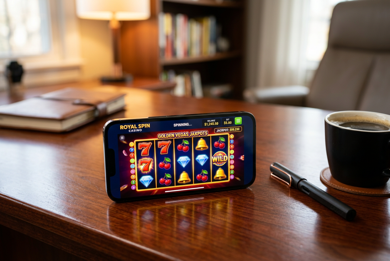 A high-end smartphone on a desk showing a modern casino application.