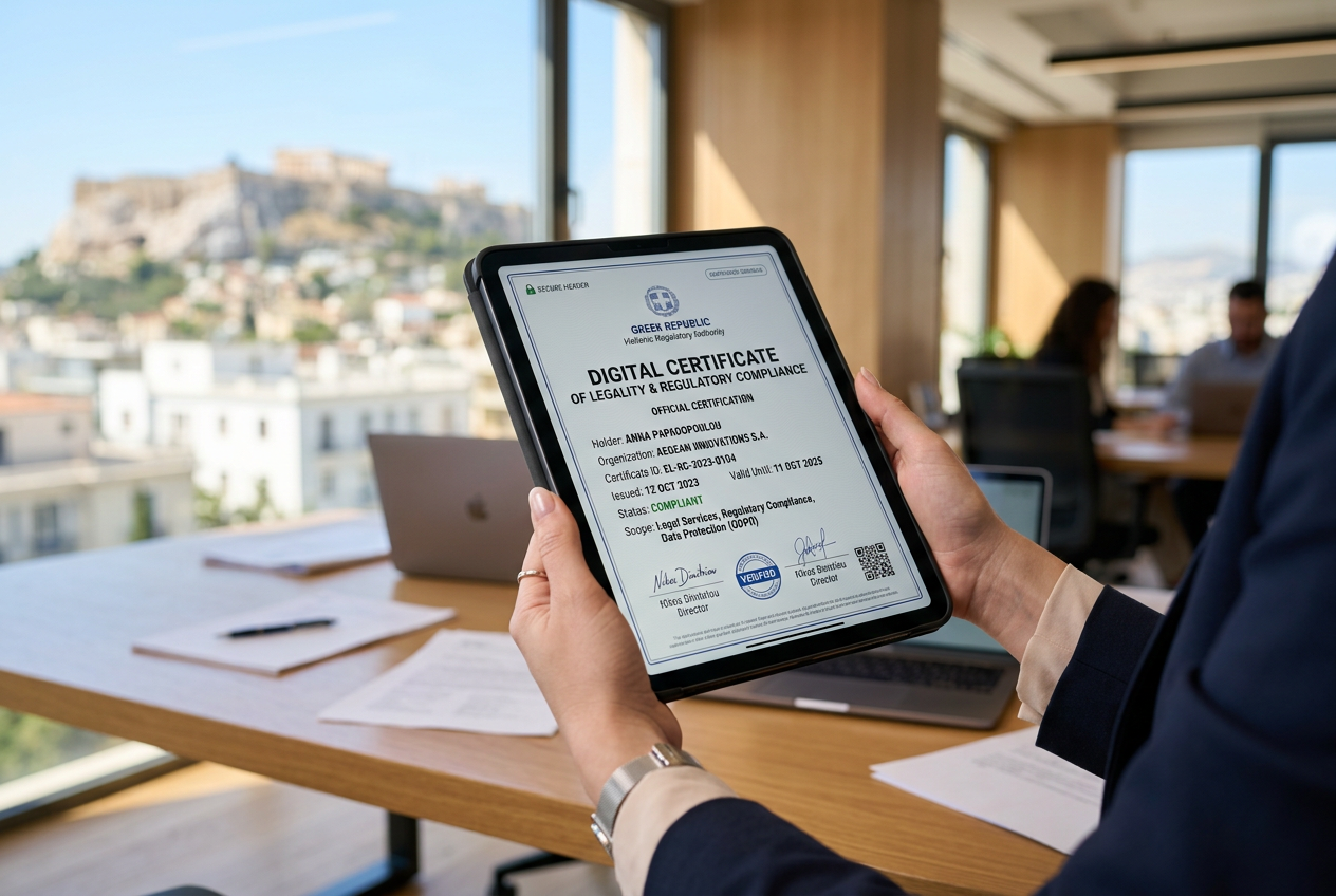 A tablet displaying digital legal documents with a view of Athens in the background.